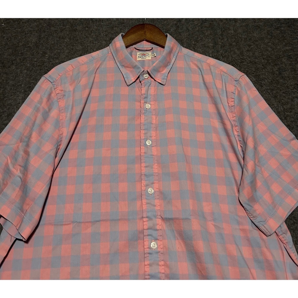 Faherty the movement button up shirt short sleeve pink blue cotton blend XL